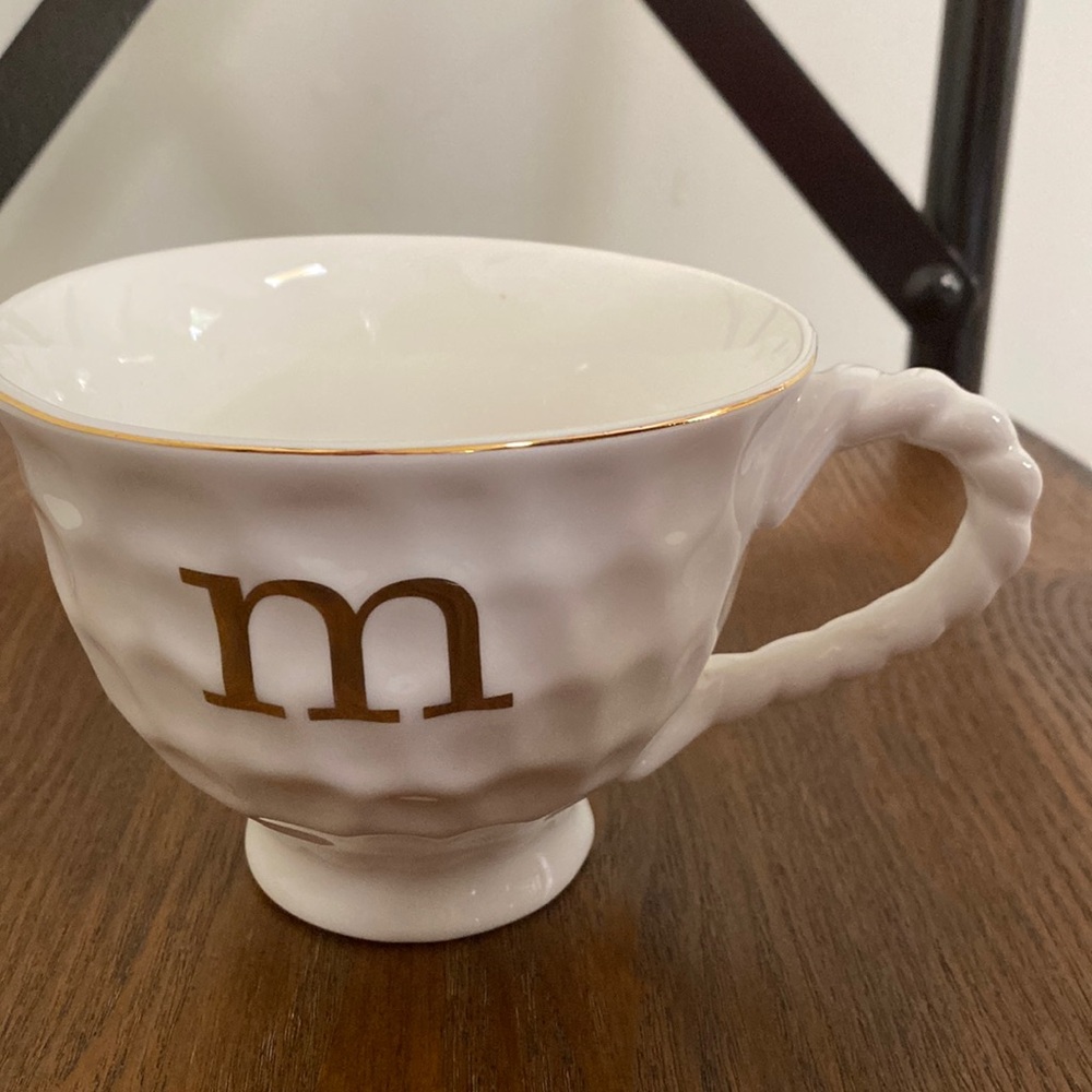 Large White Ceramic Coffee Cup M in Gold Monogram